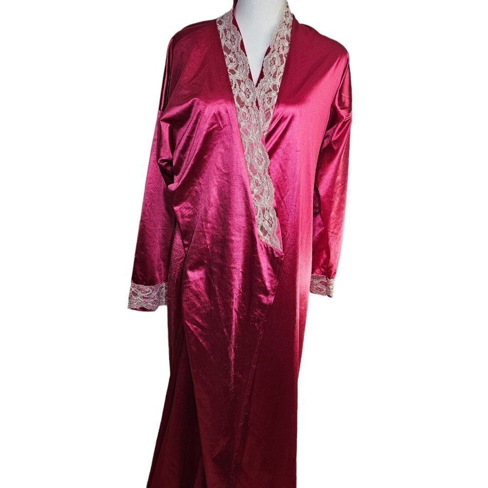 Vintage 70s Robe Dressing Gown Womens Pink Size L Raspberry Lace Trim Nylon